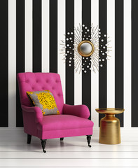 Fresh style, romantic striped wall interior with pink couch