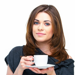 woman with coffee cup isolated