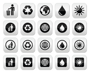 Man and bin, recycling, globe, eco power buttons set