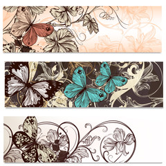 Business cards set in floral style with butterflies  for design