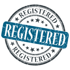 Registered blue grunge round stamp on white background