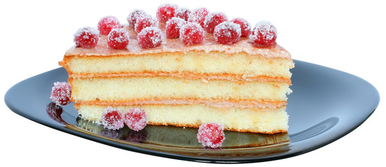 Layered piece of cake close up on a black plate