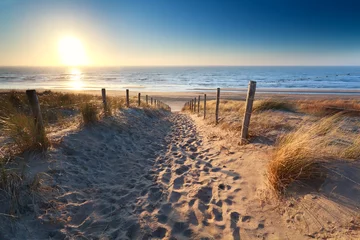 Crédence de cuisine en verre imprimé Mer du Nord, Pays-Bas chemin vers la plage de sable en mer du nord