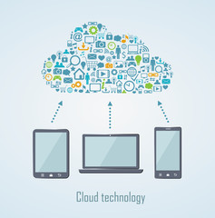 Cloud technology illustration with laptop phone and tablet eps 8