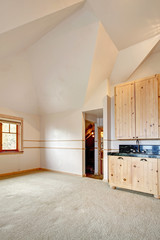 Spacious empty kitchen with cathedral ceiling