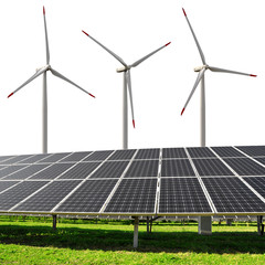 Solar energy panels with wind turbines on white background