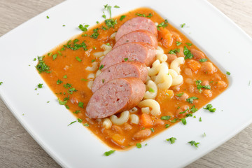 sausage, chorizo and pasta bean stew