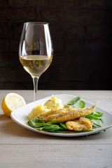Dinner, Fish fillet with potato, young spinach and white wine