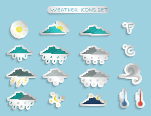 Weather forecast stickers or badges set