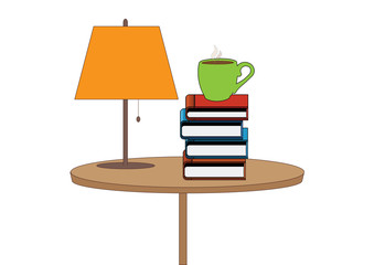 Cup of coffee with books on table