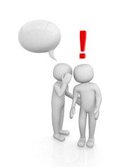 3d people - men, person whispered at ear and exclamation mark