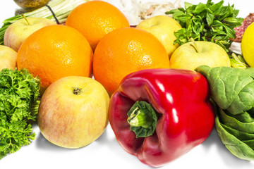 fruits vegetables and herbs on the table