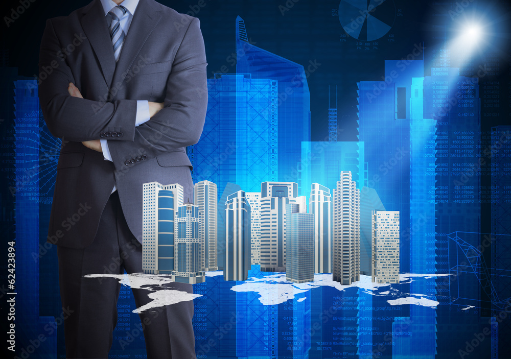 Wall mural man in suit and city of skyscrapers