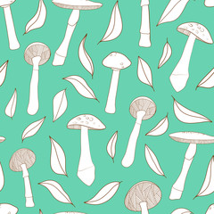Mushroom background. Seamless cute vector pattern