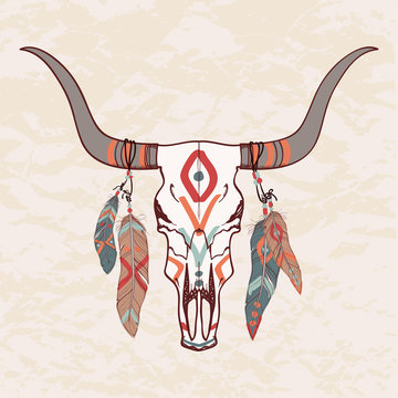 Vector illustration of bull skull with feathers