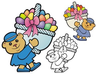 Teddy bear dressed as a schoolboy carrying a huge easter basket