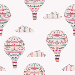 Fototapety  Vector seamless pattern with hot air balloons and clouds