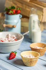 Preparation of strawberry ice cream in a wafer