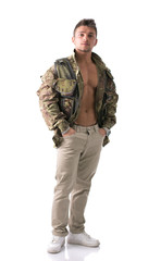 Muscular young man with military jacket, full body shot