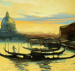 Panele Szklane  pejzaż z gondolami do Wenecji, malarstwo, ilustracja