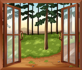 A window with a view of the trees
