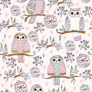 illustration with owl sitting on the branches