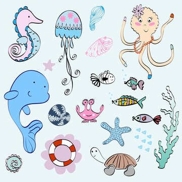 Vector set of marine animals and shells.