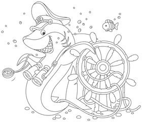 Naklejka premium shark captain with a steering wheel