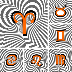 Design set of Zodiac icons. Strip twisting line textured font