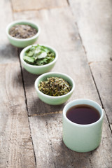 Different sorts of green tea in a green cup