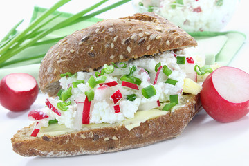 Bread roll with cottage cheese,radish and chives