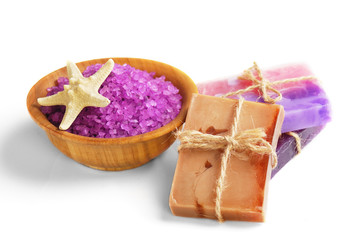 Spa setting with natural soap and sea salt