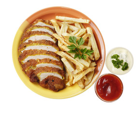 French fries and chicken on the white isolated background