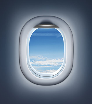 Fototapeta Airplane interior or jet window with clouds and sky.