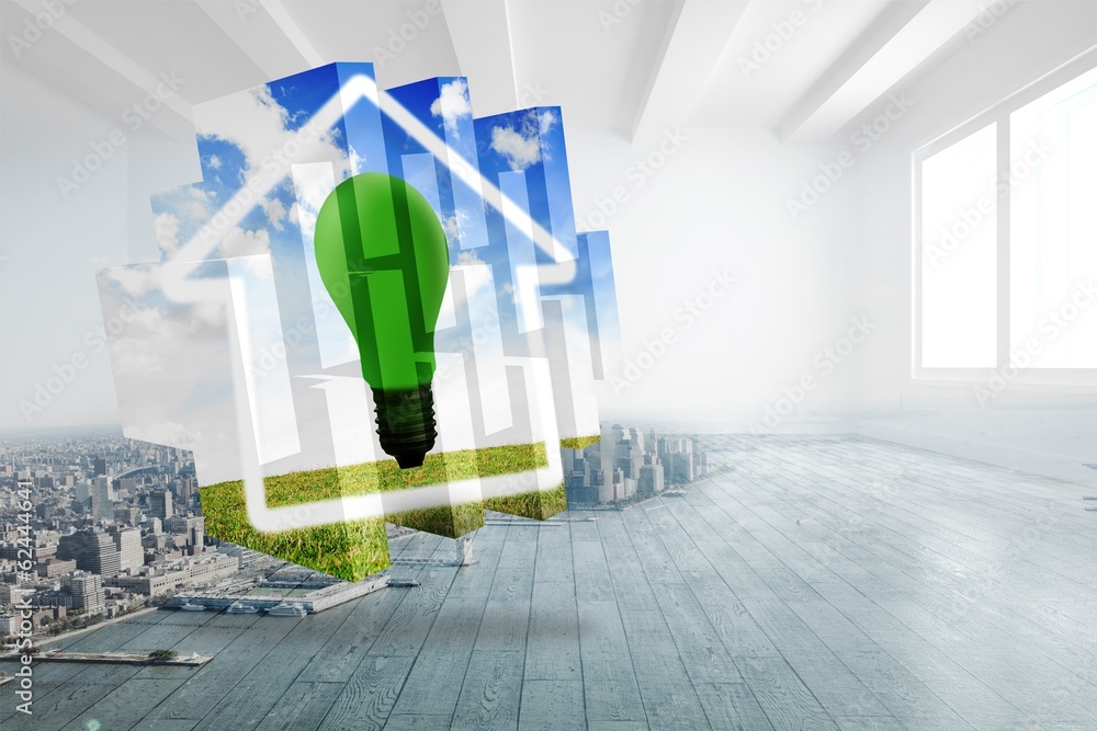 Poster composite image of green light bulb on abstract screen