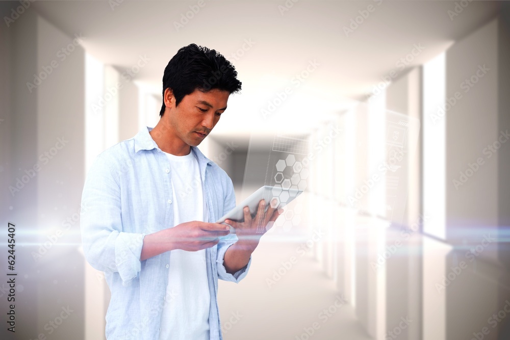 Aufkleber casual man using tablet with interface