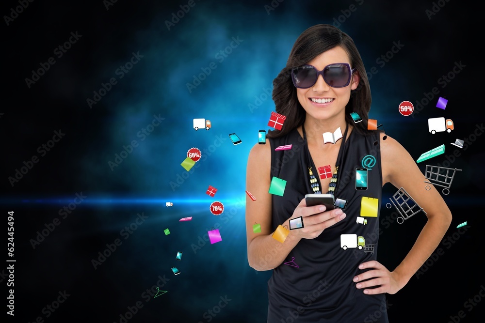 Poster glamorous brunette using smartphone with app icons