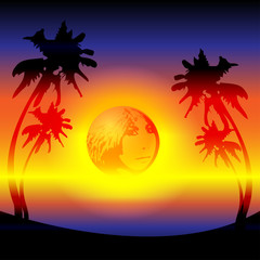 tropical sunset on the seashore sun reflection girl