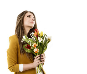 young woman with tulips isolated on a white background