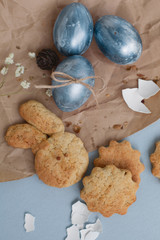 Bright set of Easter colored eggs and rabbit shape cookies