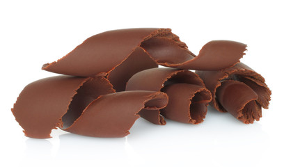 Chocolate shavings on white background