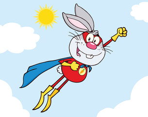 Gray Rabbit Superhero Cartoon Character Flying In The Sky