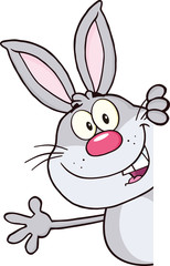 Fototapeta na wymiar Gray Rabbit Character Looking Around A Blank Sign And Waving