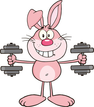 Smiling Pink Rabbit Cartoon Character Training With Dumbbells