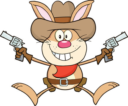 Cowboy Rabbit Cartoon Character Holding Up Two Revolvers