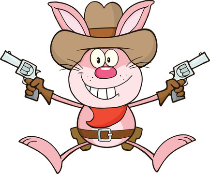 Cowboy Pink Rabbit Cartoon Character Holding Up Two Revolvers