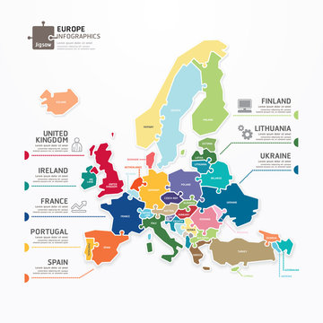 Europe Map Infographic Template Jigsaw Concept Banner. Vector Il