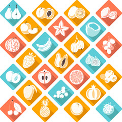 Fruits and berries icons in flat style