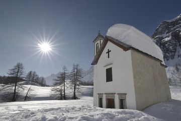 church and winter landscape - Devero, Piedmont - Italy