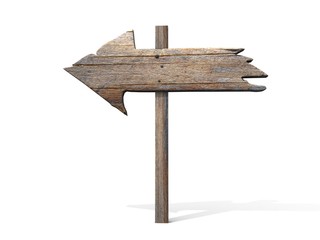 Old wood arrow sign isolated on white